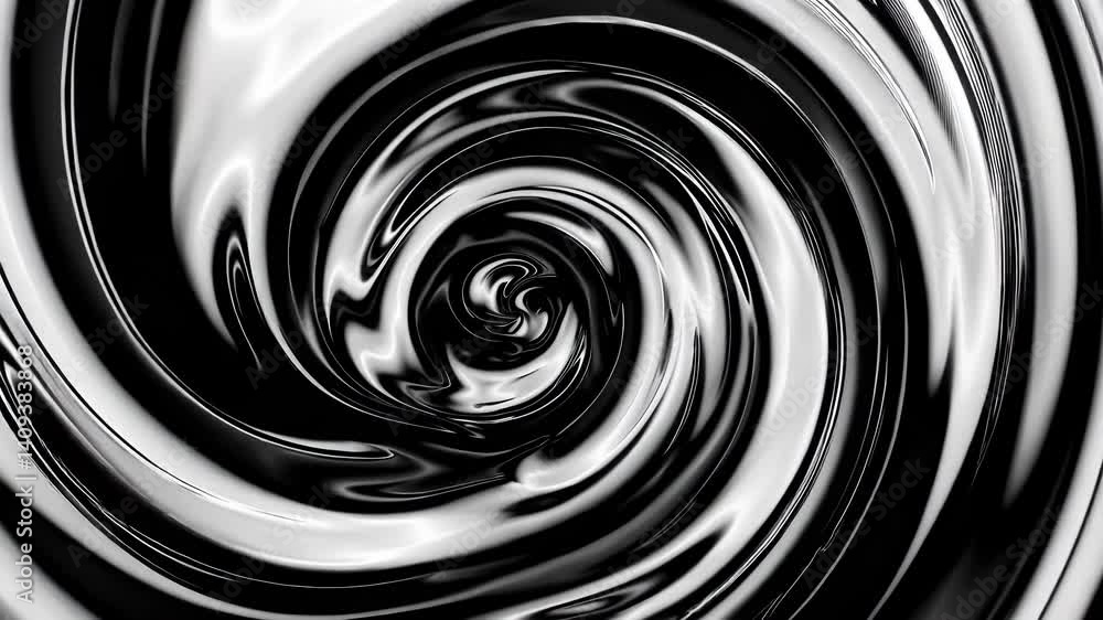 Black and white metallic swirl animation forming hypnotic spiral, abstract concept of motion, energy, and visual stimulation Black and white metallic swirl animation forming hypnotic spiral, abstract concept of motion, energy, and visual stimulation