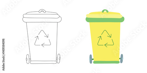 recycling, bin, waste, container, symbol, arrows, yellow, green, wheels, eco, rubbish, disposal, garbage, trash, environment, sustainable, outdoors, curbside, sort, reuse, refuse, clean, pickup, plast