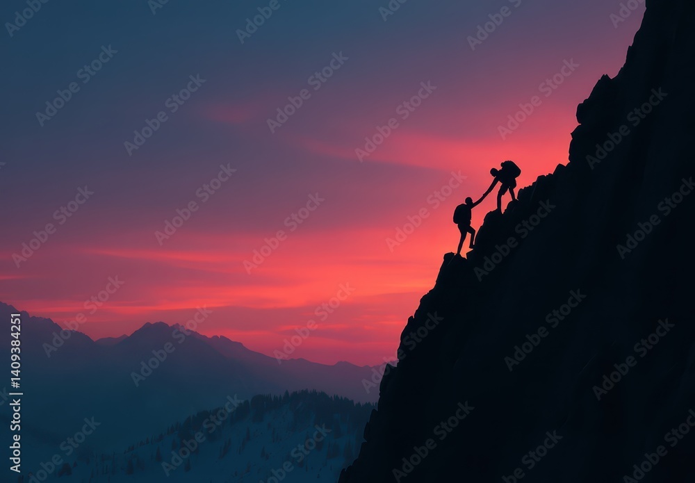 Two mountain climbers ascend a steep rock face, silhouetted against a breathtaking sunset. The vibrant colors of the sky create a dramatic backdrop as they support each other Two mountain climbers ascend a steep rock face, silhouetted against a breathtaking sunset. The vibrant colors of the sky create a dramatic backdrop as they support each other