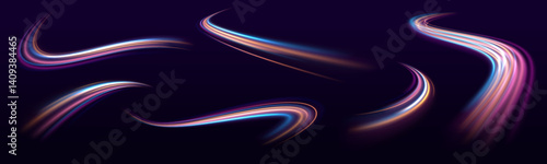 Racing cars flash dynamic lights on city roads at night. Long exposure effects show fast neon streaks and sparkling laser beams. Transparent background PNG vector.