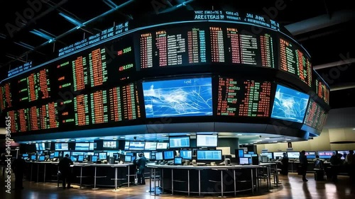 Stock market data displaying on multiple screens in trading room