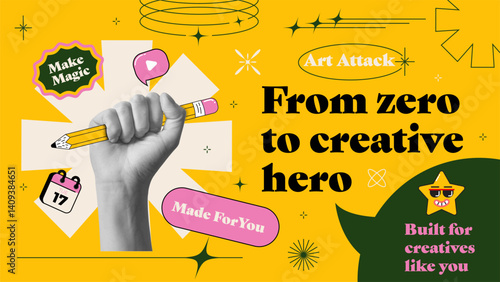 Y2K trendy text posters in brutalist style. Abstract shape and trendy colors. Collage halftone hand gesture. Modern trendy Online course concept for promotion and advertising. Vector illustration