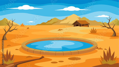 The lack of water in the farmyard pond served as a constant reminder of the harsh reality of drought for the farmers.. Vector illustration