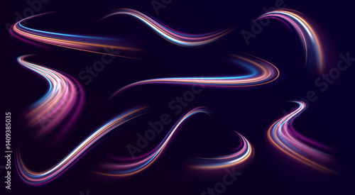 Big set of neon swirling lines and spirals form glowing backgrounds. High-speed light trails create dynamic energy flow. Vector artwork for tech and speed themes.