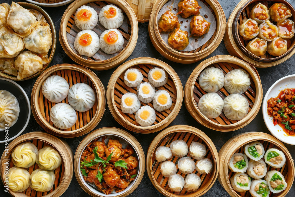 Delicious dim sum assortment in bamboo steamers, showcasing various dumplings and fillings, perfect for sharing and enjoying Delicious dim sum assortment in bamboo steamers, showcasing various dumplings and fillings, perfect for sharing and enjoying