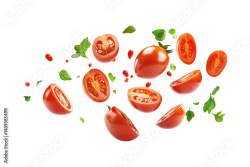 Wallpaper Mural Fresh and Juicy Red Tomatoes Slices with Green Leaves Floating in Air on Transparent Background Torontodigital.ca