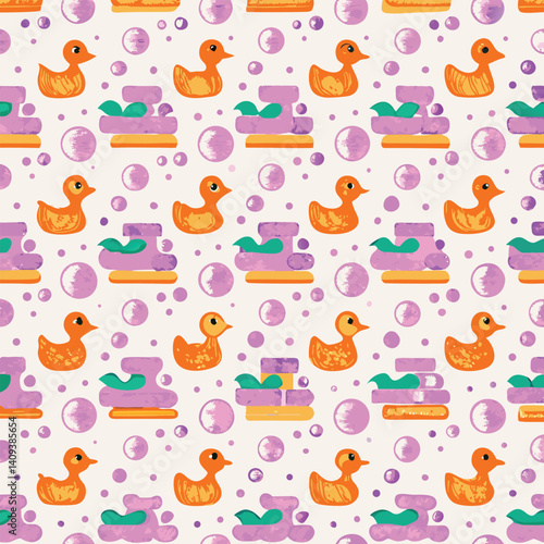 Pastel rubber duck vector pattern with soap and towels for baby bath themes