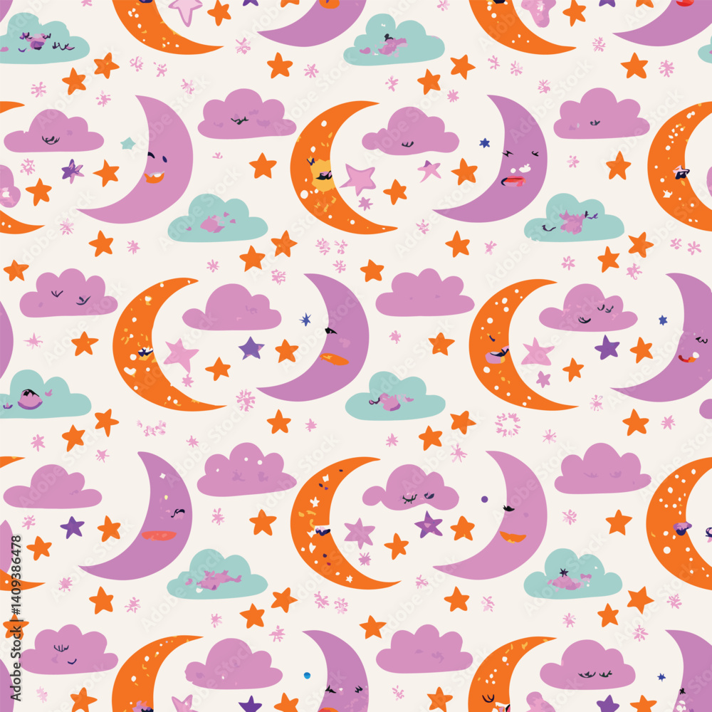 Sleepy moon pastel seamless pattern with clouds and stars Sleepy moon pastel seamless pattern with clouds and stars