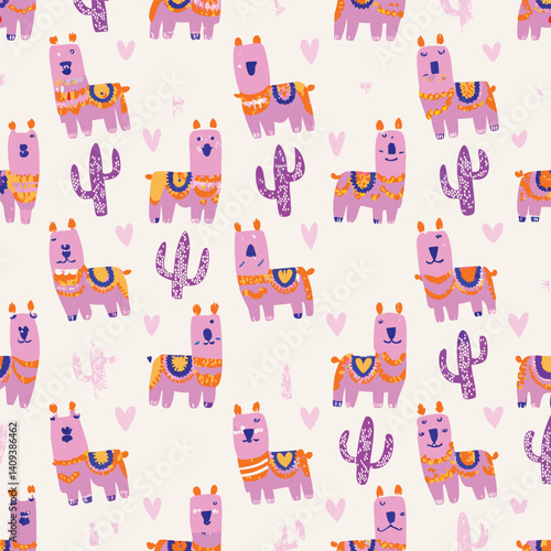 Pastel alpaca seamless pattern with scarves, cacti, and hearts