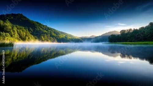 Serene morning mist over a tranquil lake surrounded by lush green hills.