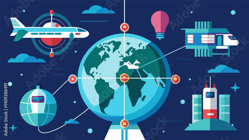 Advanced teleportation technology allowing for instantaneous transportation between designated hubs in different parts of the world.. Vector illustration