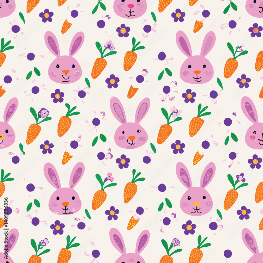 Easter bunny pastel seamless pattern with carrots and flowers Easter bunny pastel seamless pattern with carrots and flowers
