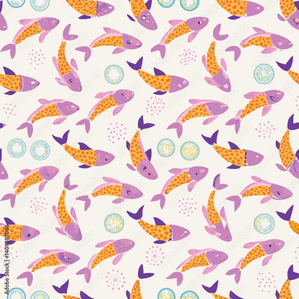 Pastel koi fish vector pattern with lily pads and soft ripples in mint, peach, and lavender tones for spa and wellness branding. Pastel koi fish vector pattern with lily pads and soft ripples in mint, peach, and lavender tones for spa and wellness branding.