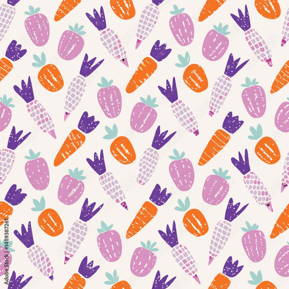 Smiling vegetable pastel vector pattern with carrots, turnips, and radishes in peach and mint for kids and organic branding. Smiling vegetable pastel vector pattern with carrots, turnips, and radishes in peach and mint for kids and organic branding.