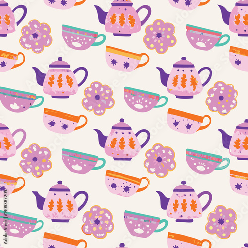 Pastel tea set seamless vector pattern with floral teapots and cups in peach and mint tones for cozy vintage branding.