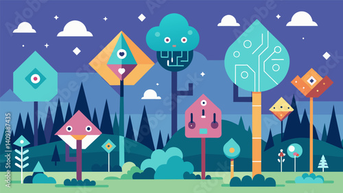 A whimsical forest with trees shaped like abstract symbols and characters each telling a different story through their data.. Vector illustration