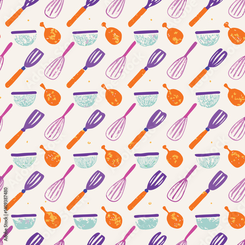 Kitchen utensils seamless pastel vector pattern in coral and cream for cooking blogs, recipe cards, and packaging.