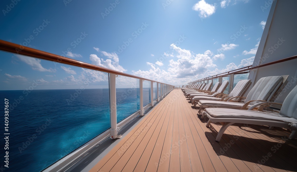 Relaxing lounge chairs line the deck of a luxury cruise ship, offering stunning views of the ocean and bright blue sky, perfect for sunbathing and enjoying the seaside atmosphere Relaxing lounge chairs line the deck of a luxury cruise ship, offering stunning views of the ocean and bright blue sky, perfect for sunbathing and enjoying the seaside atmosphere