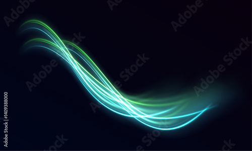 Shiny green lines create an abstract pattern of light and motion. Their glow suggests energy, speed, and advanced digital concepts. A great backdrop for high-tech themes.