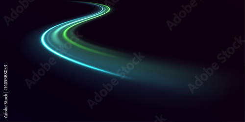 Glowing green light swirl with smooth, flowing curves. Particle motion effect. Magic of moving fast lines. Light effect in motion concept.
