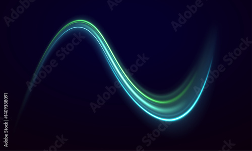 A series of neon speed lines curves across a black canvas. The light trails represent acceleration and digital motion. Suitable for racing, gaming, or sci-fi graphics.