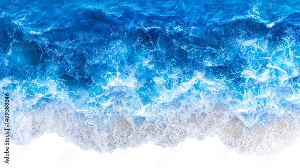 Fototapeta premium Turquoise Ocean Waves Crashing on Sandy Beach Shoreline in Bright Daylight