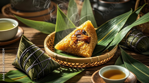Traditional Zongzi in Basket with Steaming Tea on Dragon Boat Festival, Cultural Celebration