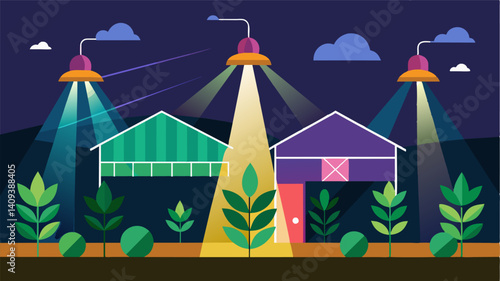 Grow lights illuminate the farm providing the necessary light spectrum for optimal plant growth.. Vector illustration