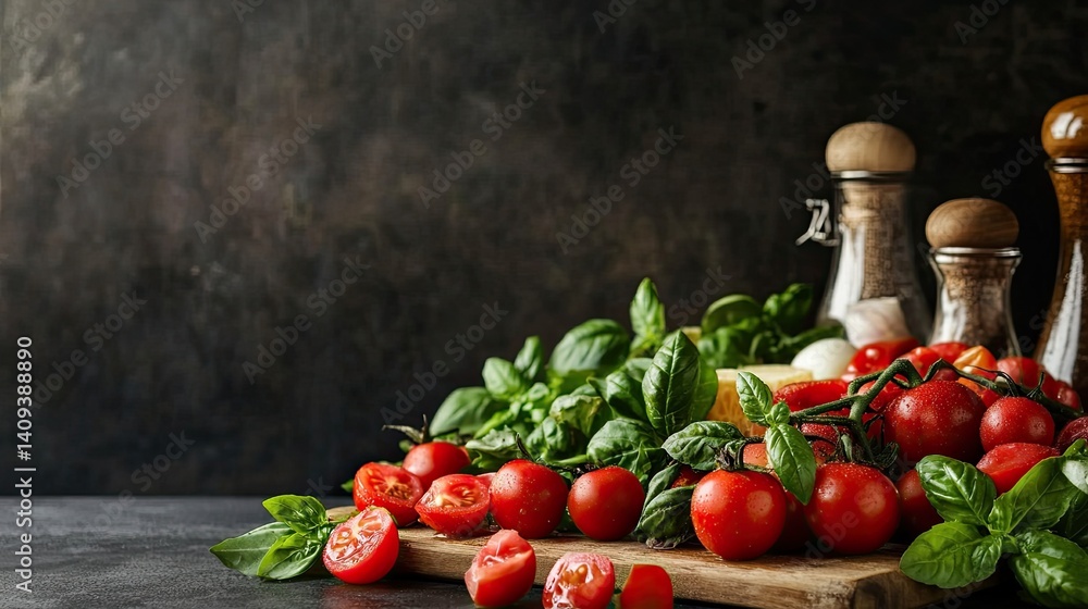 Fresh Tomatoes and Basil on Wooden Board with Seasoning Shakers