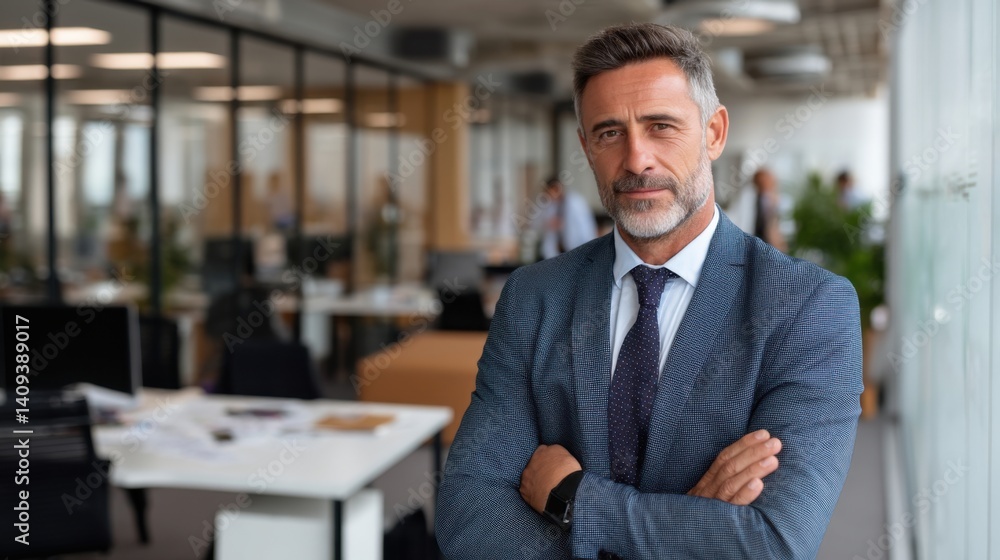 Fototapeta premium Portrait of a mature businessman in a suit with arms crossed in a modern office setting area