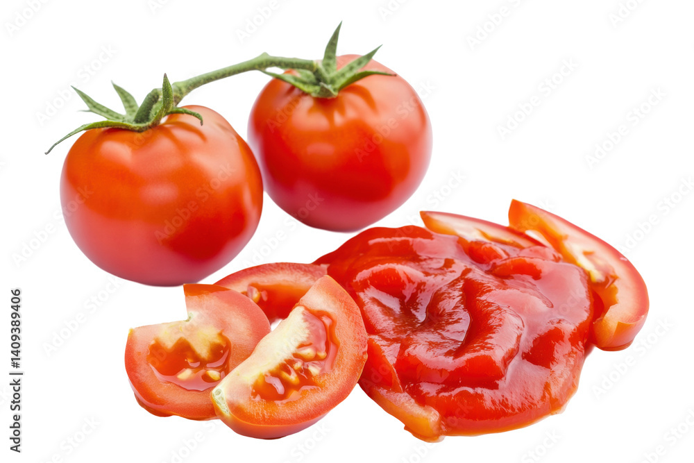 Fresh Ripe Red Tomatoes and Slices with Ketchup on a Transparent Background Fresh Ripe Red Tomatoes and Slices with Ketchup on a Transparent Background