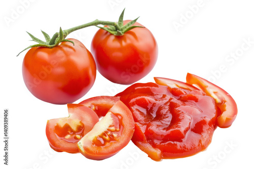 Fresh Ripe Red Tomatoes and Slices with Ketchup on a Transparent Background