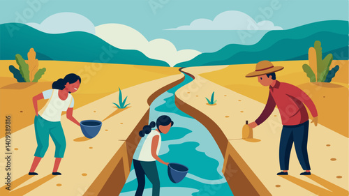 The lack of water in the irrigation ditch has caused tension between neighboring farmers who compete for the remaining resources to keep their crops alive.. Vector illustration