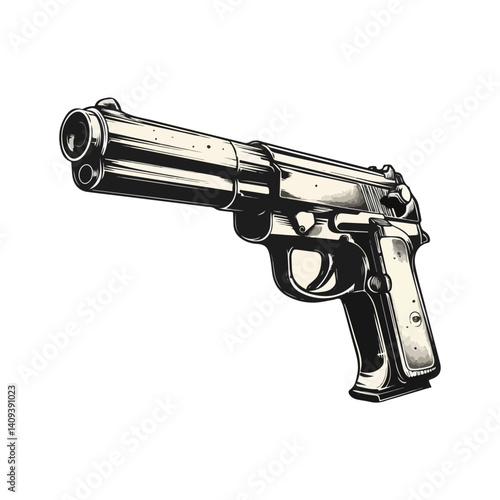 Vintage Handgun Illustration Detailed Drawing of a Semi-Automatic Pistol