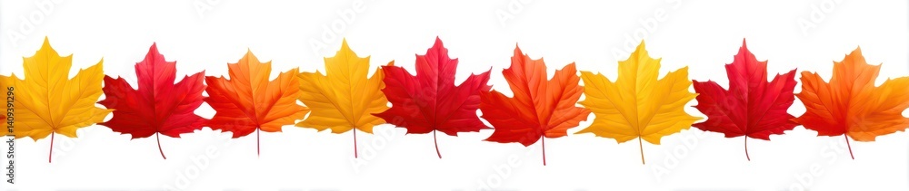 A row of vibrant autumn maple leaves showcases rich hues of red, orange, and yellow. This natural arrangement highlights the beauty of fall foliage during the autumn season A row of vibrant autumn maple leaves showcases rich hues of red, orange, and yellow. This natural arrangement highlights the beauty of fall foliage during the autumn season