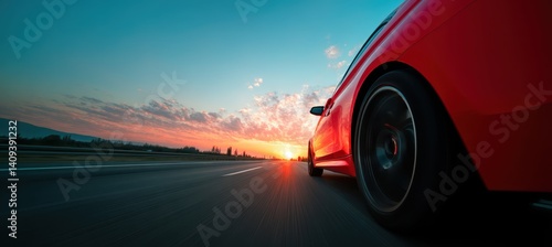 A red vehicle drives rapidly on a highway as the sun sets, casting warm colors across the sky. The surrounding landscape blurs, emphasizing the car's motion