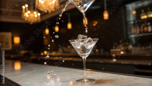 cocktail bars A cocktail being poured into a glass with ice, set against a stylish bar backdrop.