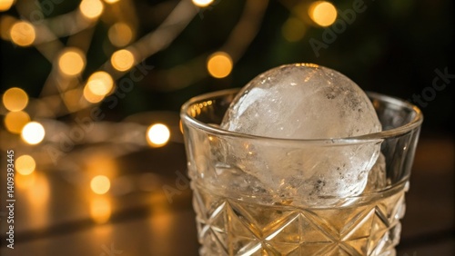 cocktail bars A glass with a large ice sphere, surrounded by warm bokeh lights, creating a cozy ambiance.