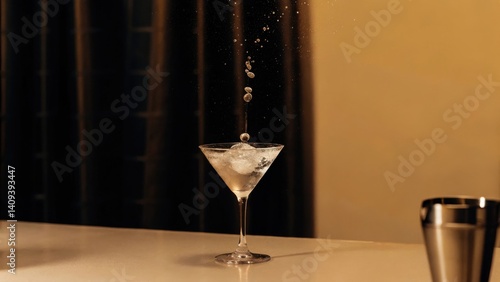 cocktail bars A martini glass with ice and bubbles, set against a warm, elegant background.