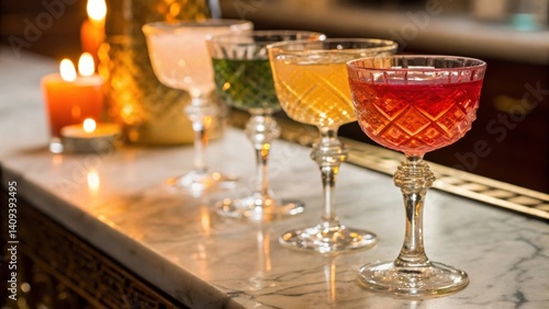 cocktail bars Elegant cocktails in crystal glasses on a marble bar with soft candlelight ambiance.