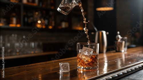 cocktail bars A glass with ice is filled with liquid, capturing the action of pouring at a stylish bar.