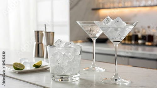 cocktail bars Elegant glassware filled with ice, set against a chic marble bar backdrop.