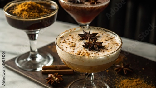 cocktail bars Three stylish cocktails garnished with star anise and spices arranged on a tray.
