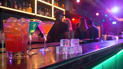 cocktail bars Colorful cocktails on a bar with vibrant lighting and patrons in the background.