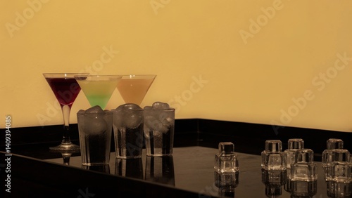 cocktail bars Colorful cocktails and shot glasses arranged on a sleek, reflective surface against a yellow backdrop.
