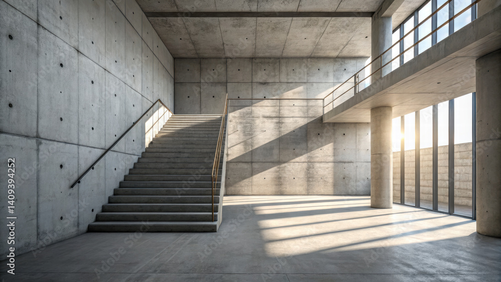 Obraz premium Modern concrete interior with stairs and large windows, showcasing natural light and minimalist design