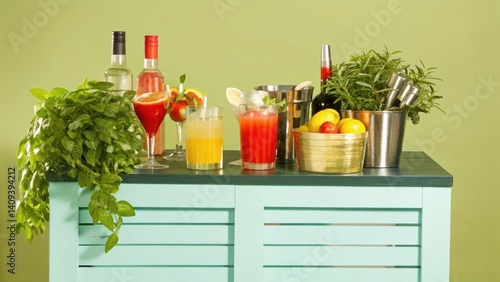 cocktail bars Colorful cocktail arrangement on a stylish bar with greenery and vibrant drinks.