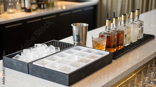 cocktail bars Stylish bar setup with various liquor bottles, ice trays, and glassware on a sleek counter.
