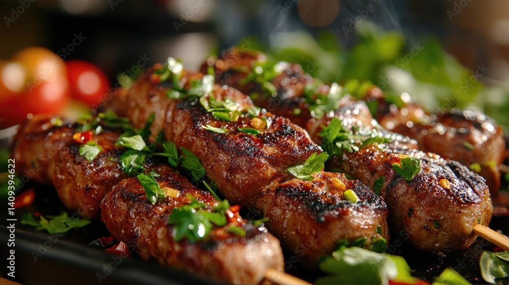Grilled Meat Skewers with Fresh Herbs and Spices on a Platter Grilled Meat Skewers with Fresh Herbs and Spices on a Platter