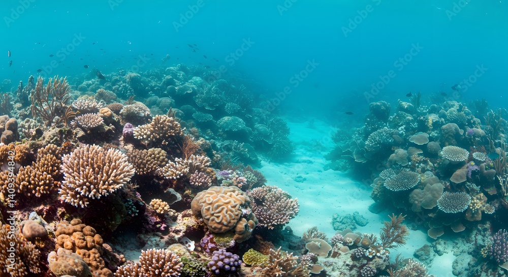 Fototapeta premium Lush coral reef ecosystem with diverse marine life in clear turquoise waterscape view